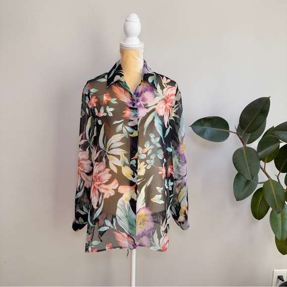 Notations Tops - Notations sheer floral button down top